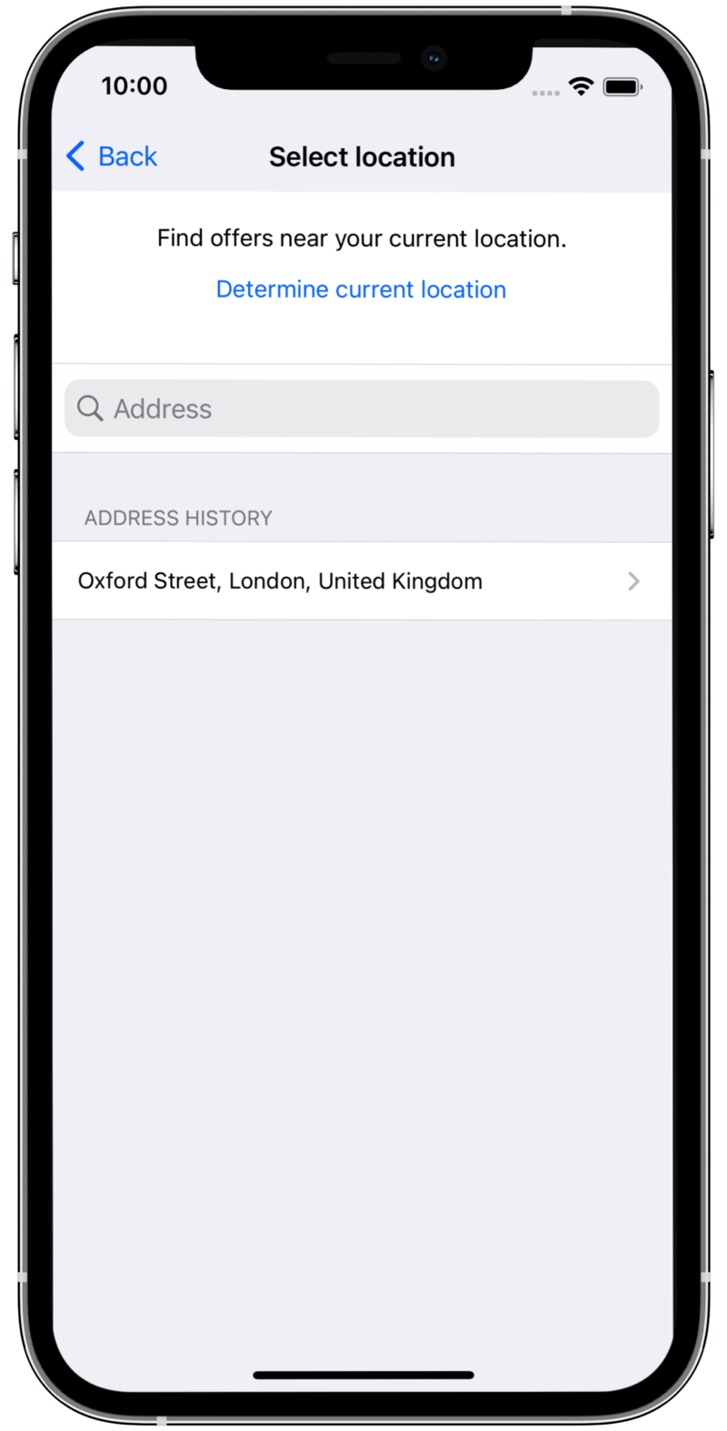 Offerwhere app showing option to select a location to find offers