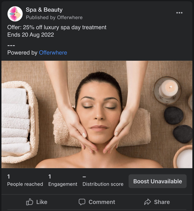Offer shared on facebook